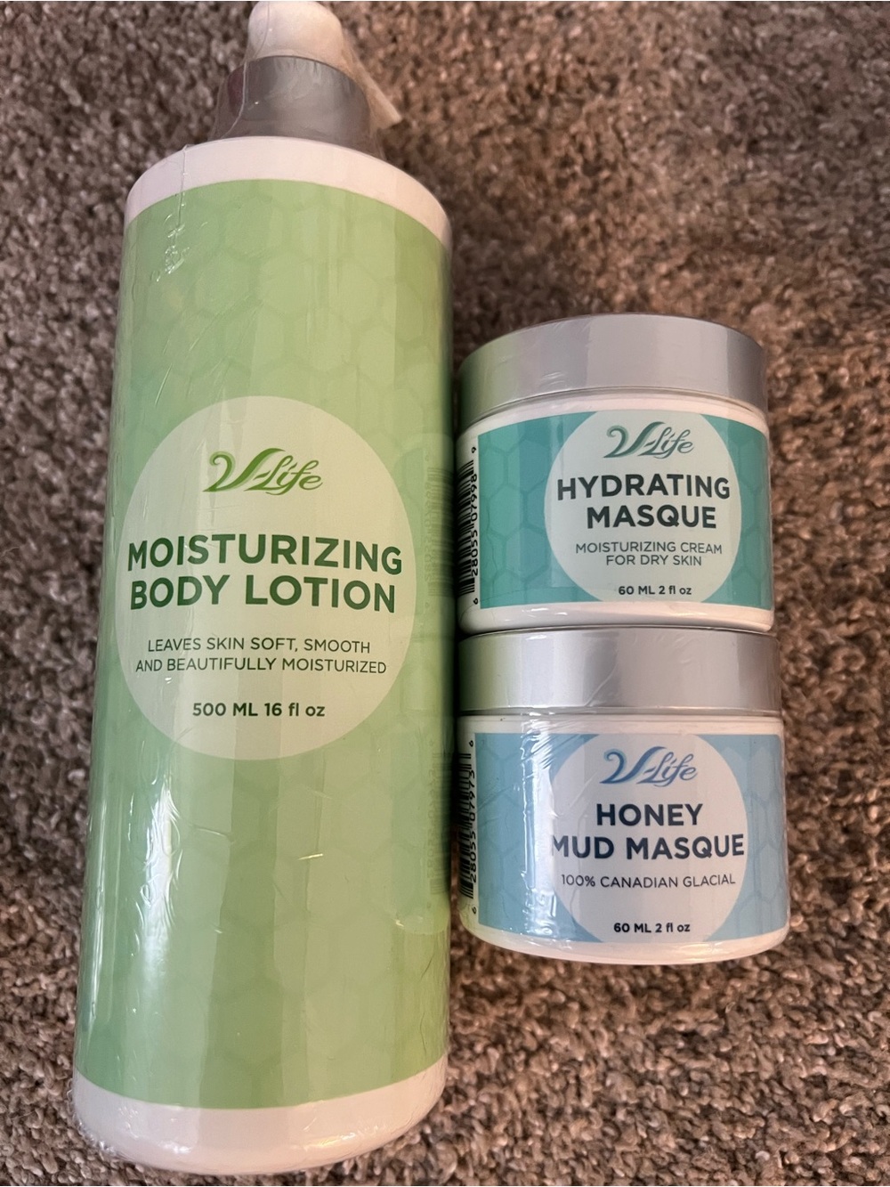 V-Life Honey Moisturizing Body Lotion, Mud Masque, and Hydrating Masque